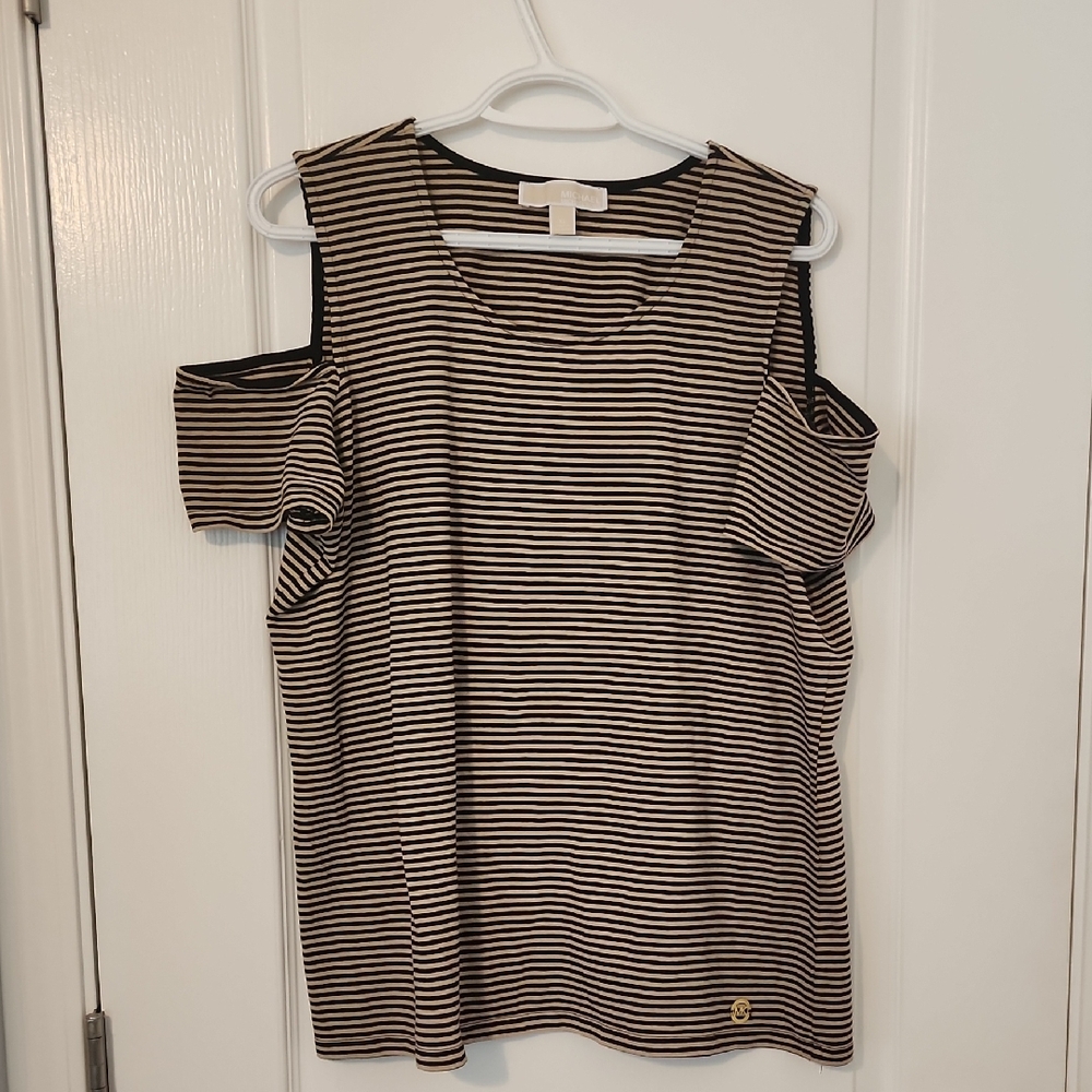Michael Kors Black and Tan Boxy Cut Out Blouse
